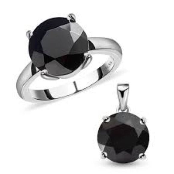 Thai Black Spinel Solitaire Ring and Pendant in Stainless Steel 9.10 ctw - Picture 1 of 14